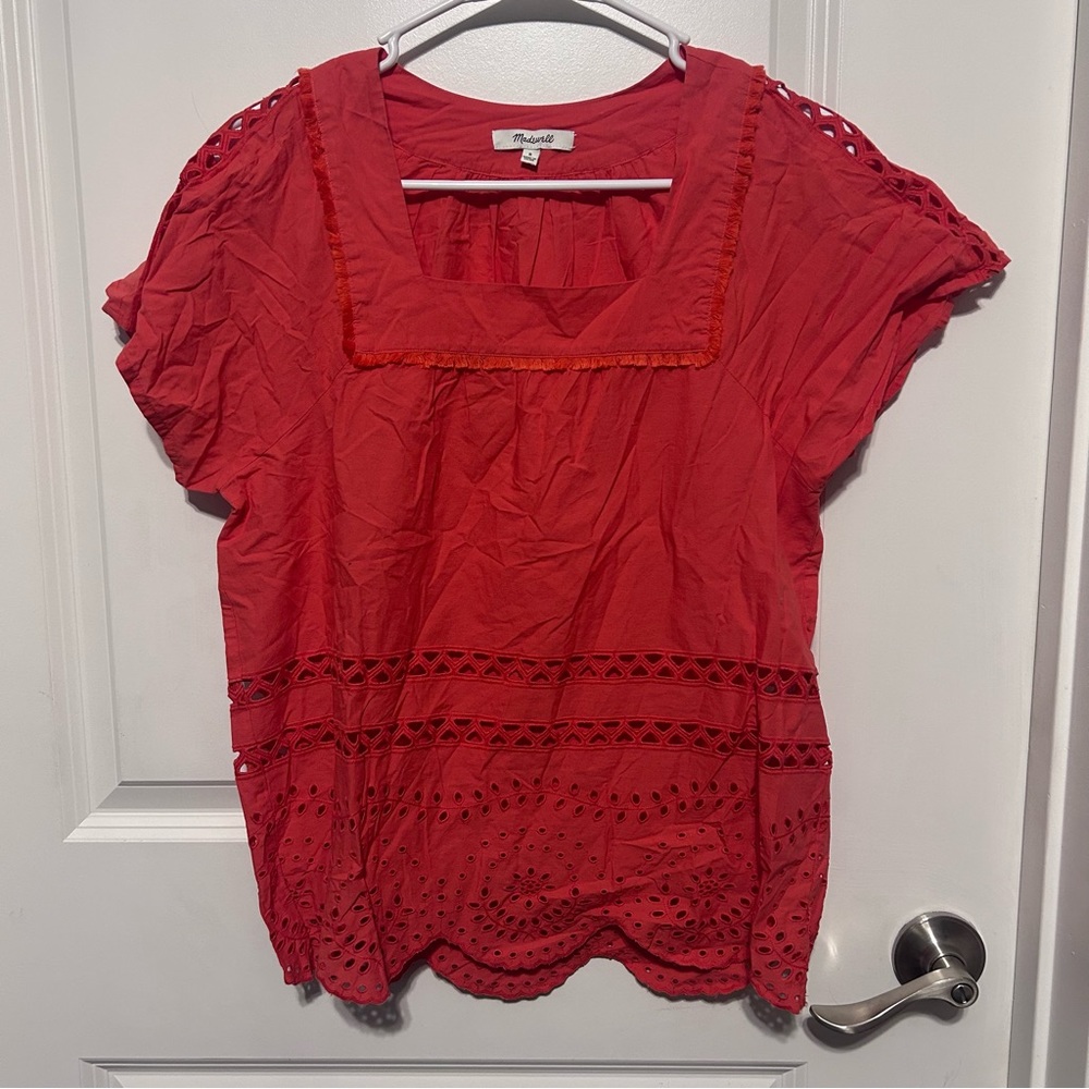 Madewell Salmon Eyelit Angelica Frilly Collared Short Sleeve Summer Blouse